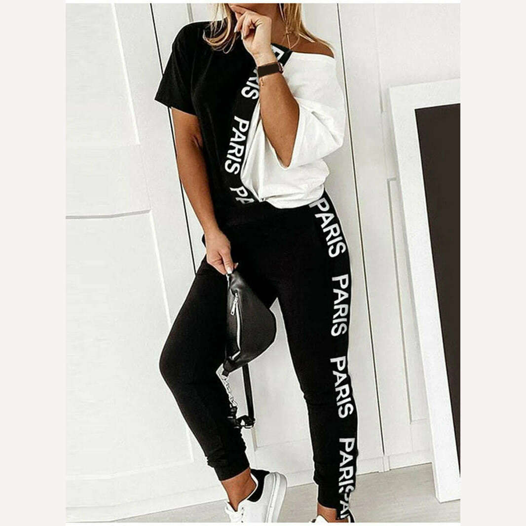 Off Shoulder Tracksuit Women Two Piece Set Summer Clothes Letter Print Colorblock Tshirt Top Long Pants Suit Women Set Outfits - KIMLUD