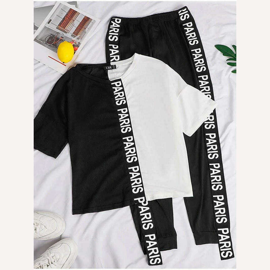 Off Shoulder Tracksuit Women Two Piece Set Summer Clothes Letter Print Colorblock Tshirt Top Long Pants Suit Women Set Outfits - KIMLUD