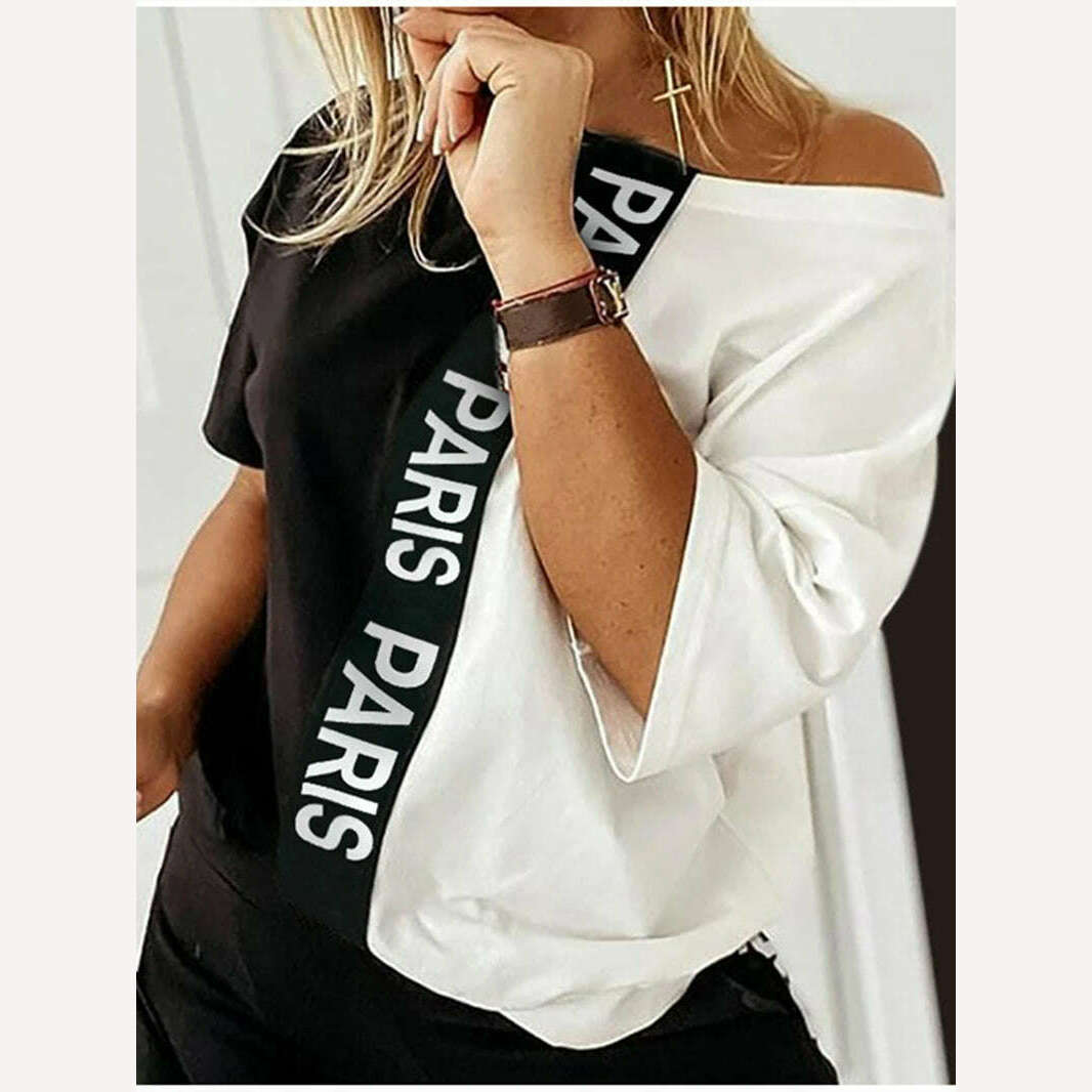 Off Shoulder Tracksuit Women Two Piece Set Summer Clothes Letter Print Colorblock Tshirt Top Long Pants Suit Women Set Outfits - KIMLUD