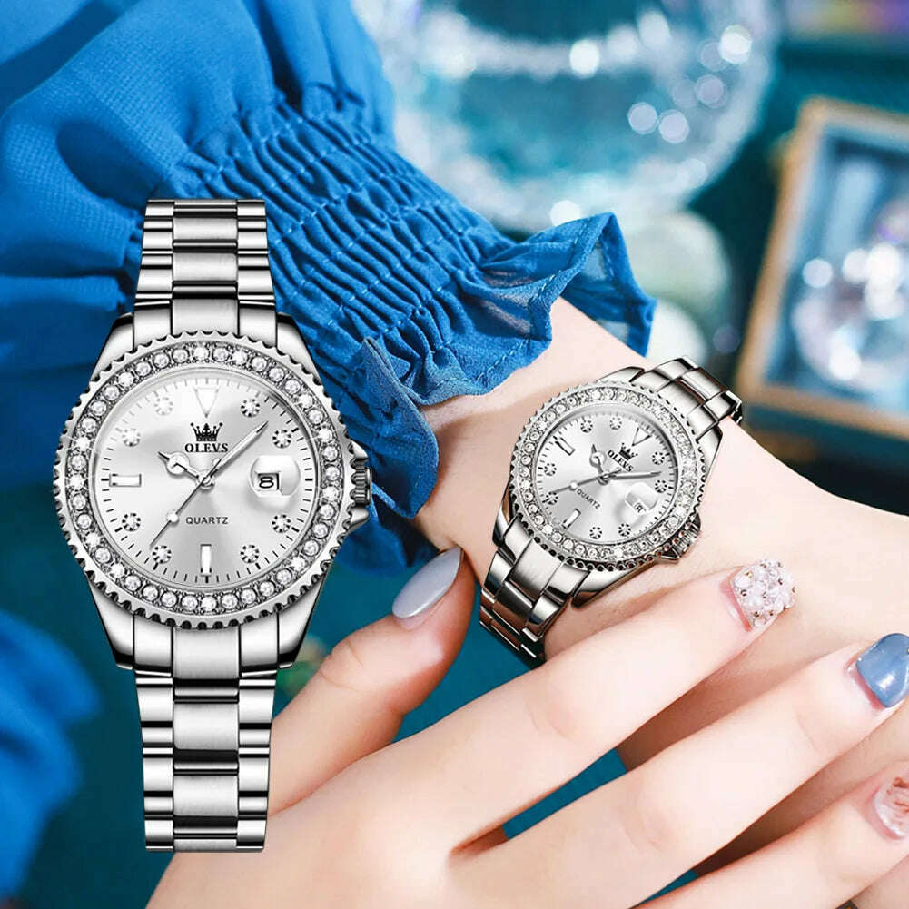 OLEVS Original Women Watch Luxury Diamond Stainless Steel Waterproof Quartz Ladies Wristwatch Luminous Femme Watches Reloj Mujer - KIMLUD