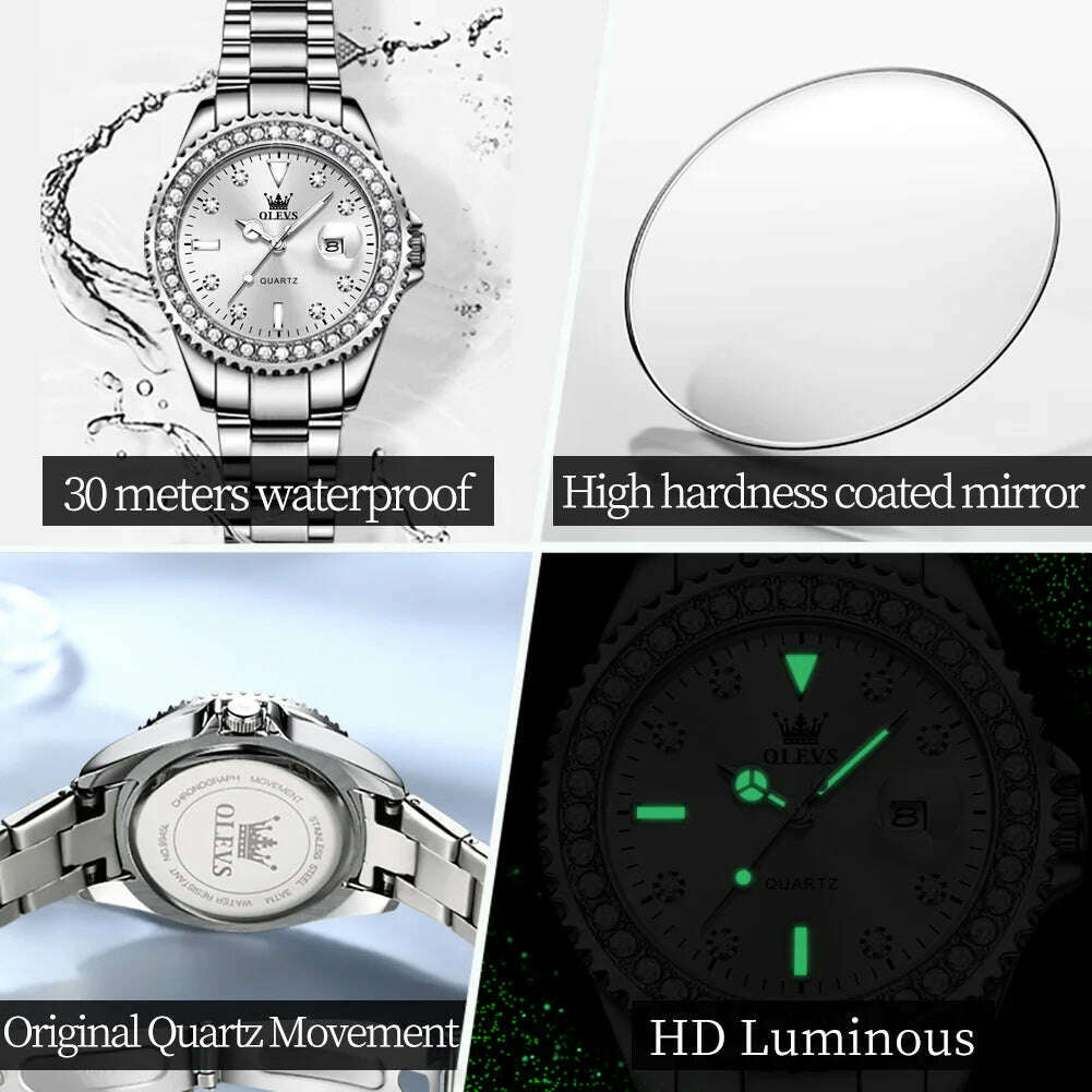 OLEVS Original Women Watch Luxury Diamond Stainless Steel Waterproof Quartz Ladies Wristwatch Luminous Femme Watches Reloj Mujer - KIMLUD