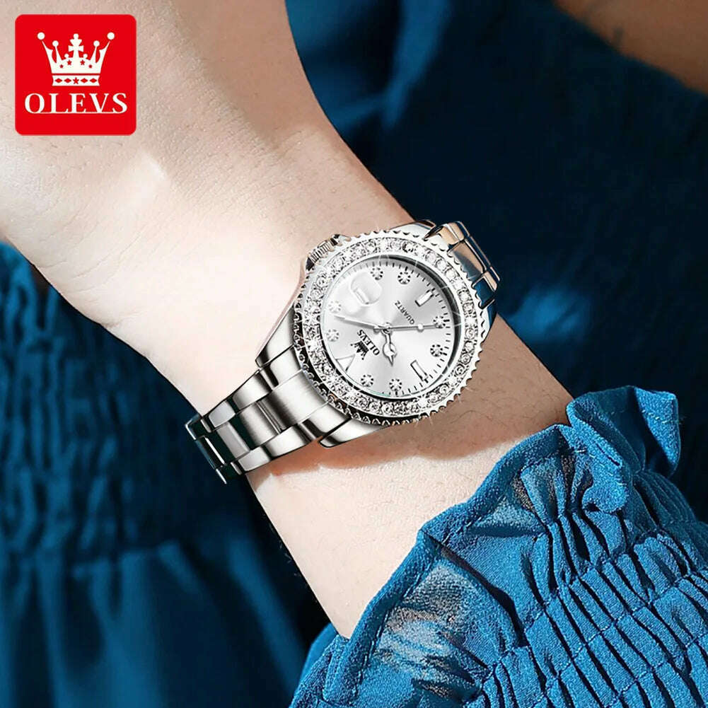 OLEVS Original Women Watch Luxury Diamond Stainless Steel Waterproof Quartz Ladies Wristwatch Luminous Femme Watches Reloj Mujer - KIMLUD