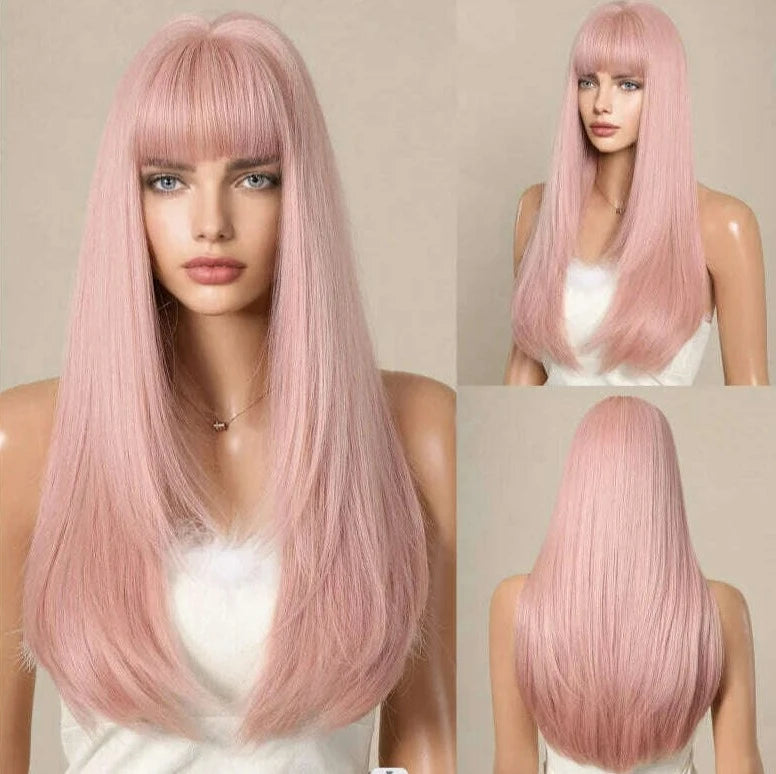 Ombre Black Brown to Gray White Straight Wigs for Women Long Layered Synthetic Wig With Bangs Heat Resistant Fiber Wig for Daily - KIMLUD