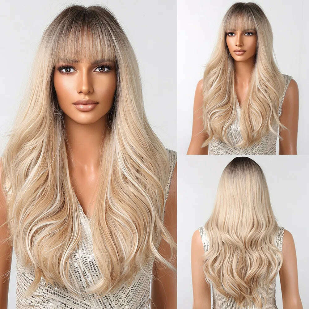 Ombre Honey Brown Synthetic Hair Wigs Long Natural Body Wavy Wig with Bangs Realistic Daily Party Soft Wig Heat Resistant Fiber - KIMLUD