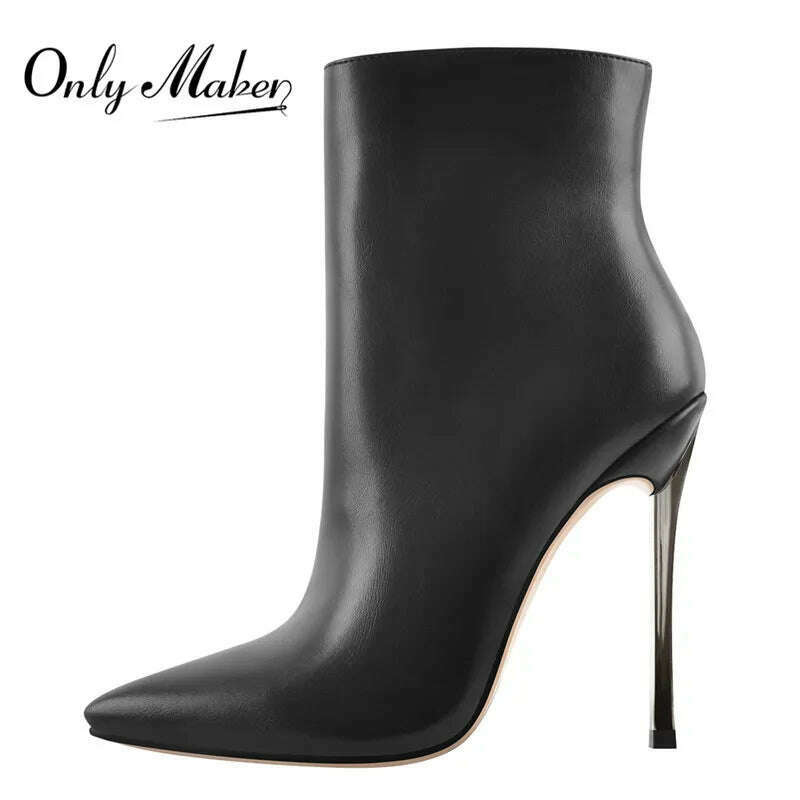 Onlymaker Ankel Boots Women's Poited Toe Metal Thin High Heel Side Zipper Fashion Black Red Winter Warm Booties - KIMLUD
