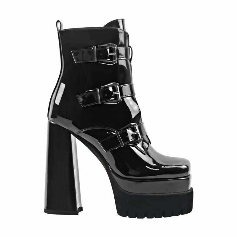 Onlymaker Black Square Toe Booties Double Platform Strap Buckle Side Zip Patent Leather Fashion Party Dress Ankle Boots - KIMLUD