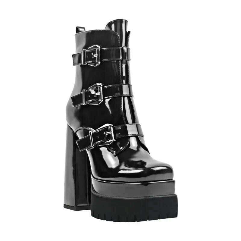 Onlymaker Black Square Toe Booties Double Platform Strap Buckle Side Zip Patent Leather Fashion Party Dress Ankle Boots - KIMLUD