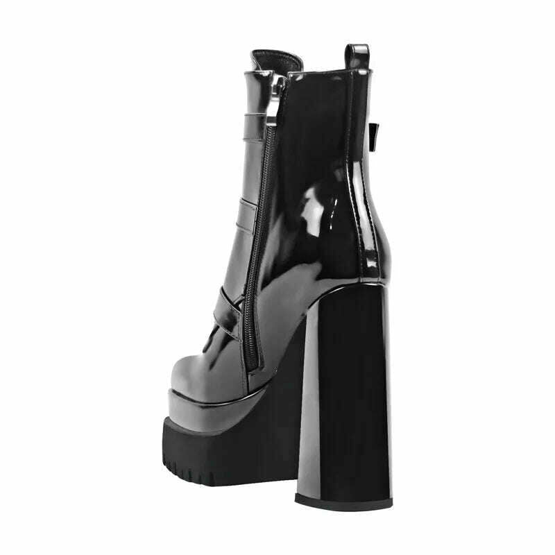 Onlymaker Black Square Toe Booties Double Platform Strap Buckle Side Zip Patent Leather Fashion Party Dress Ankle Boots - KIMLUD