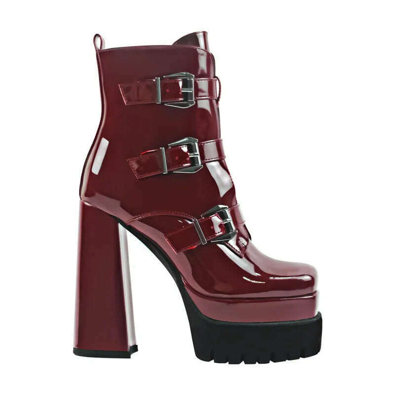 Onlymaker Black Square Toe Booties Double Platform Strap Buckle Side Zip Patent Leather Fashion Party Dress Ankle Boots - KIMLUD