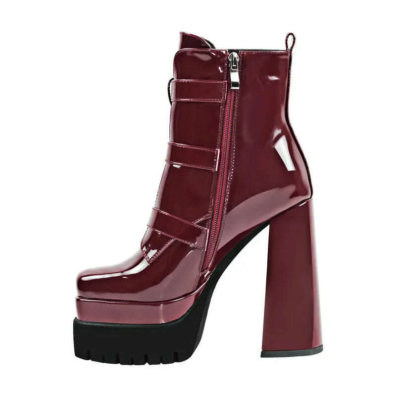 Onlymaker Black Square Toe Booties Double Platform Strap Buckle Side Zip Patent Leather Fashion Party Dress Ankle Boots - KIMLUD