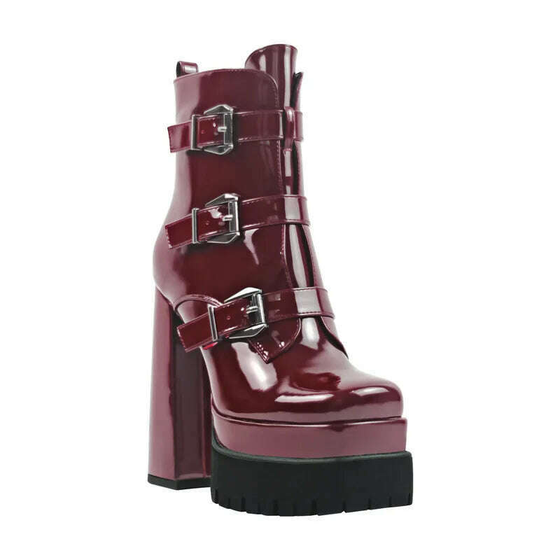 Onlymaker Black Square Toe Booties Double Platform Strap Buckle Side Zip Patent Leather Fashion Party Dress Ankle Boots - KIMLUD