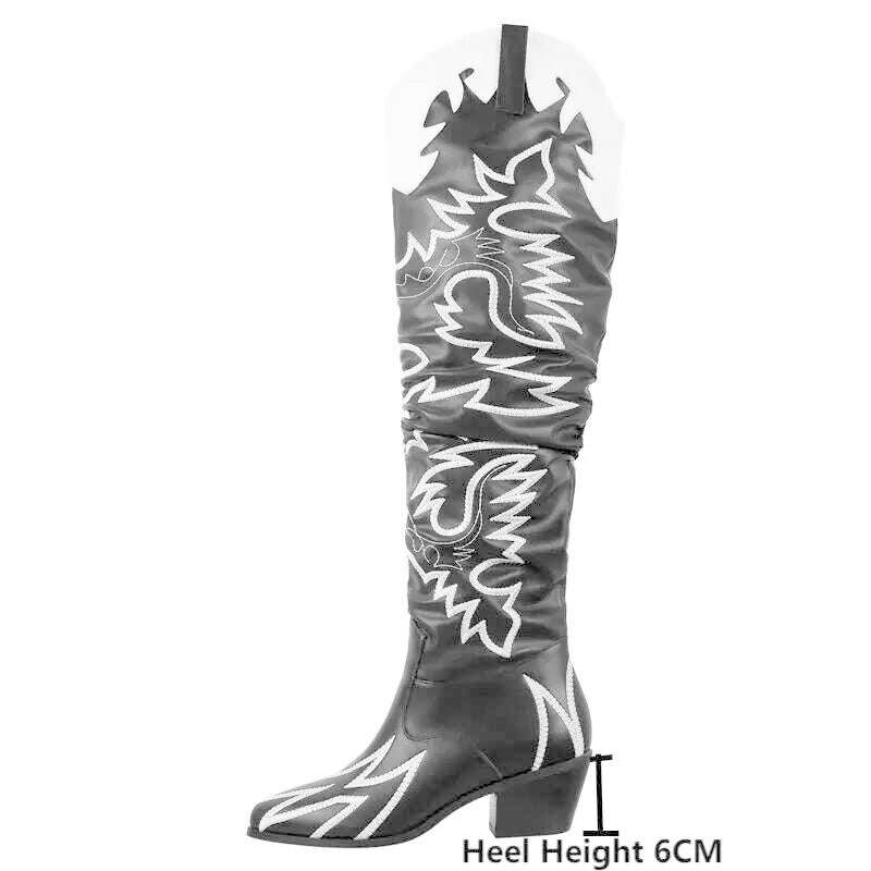 Onlymaker Woman Knee High Boots Western Cowboy Boots Wide Calf Embroidered Women Pointed Toe Block Heel Pull-On Cowgirl Boots - KIMLUD