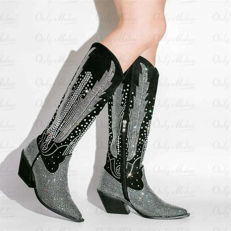 Onlymaker Women Black Knee High Rhinestone Boots Western Cowboy Boots Glitter Bling Shiny Block Heel Handmade Boots - KIMLUD