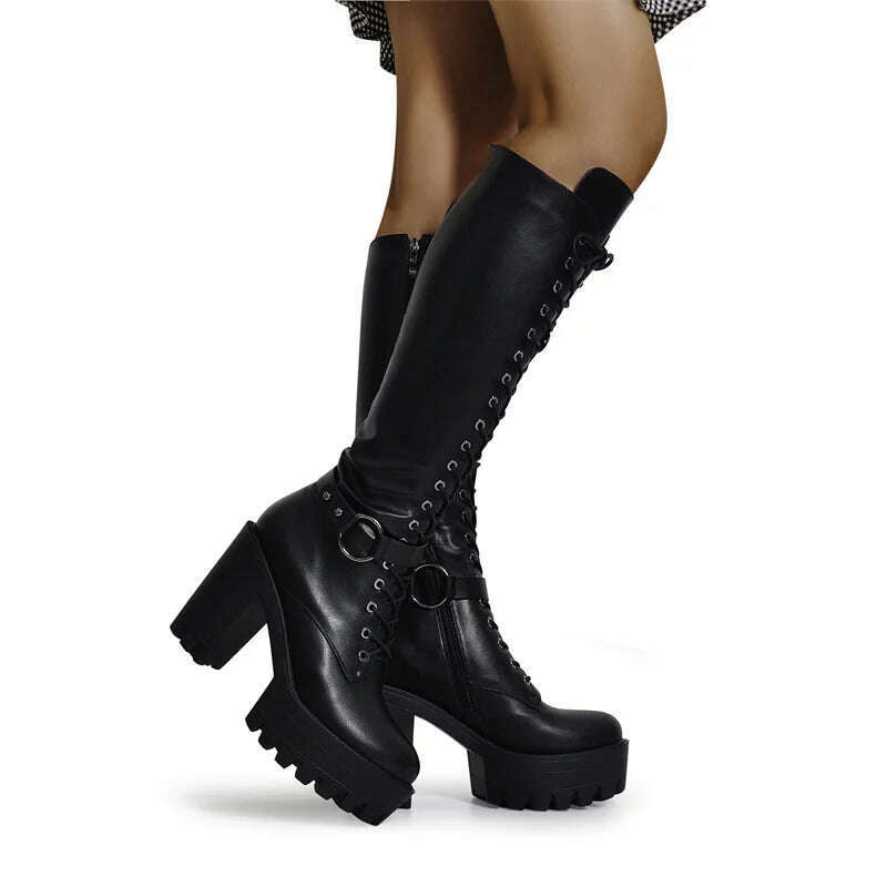 Onlymaker Women's Black Matte Platform Front Lace-Up Side Zip Knee High Boots Lady Fashion Classic Big Size Winter Boots - KIMLUD