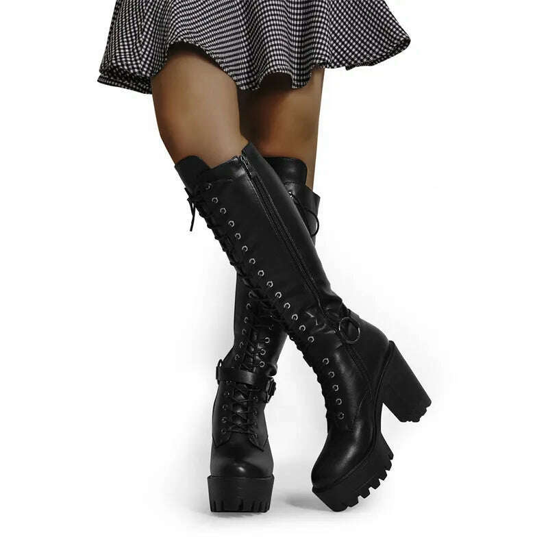 Onlymaker Women's Black Matte Platform Front Lace-Up Side Zip Knee High Boots Lady Fashion Classic Big Size Winter Boots - KIMLUD