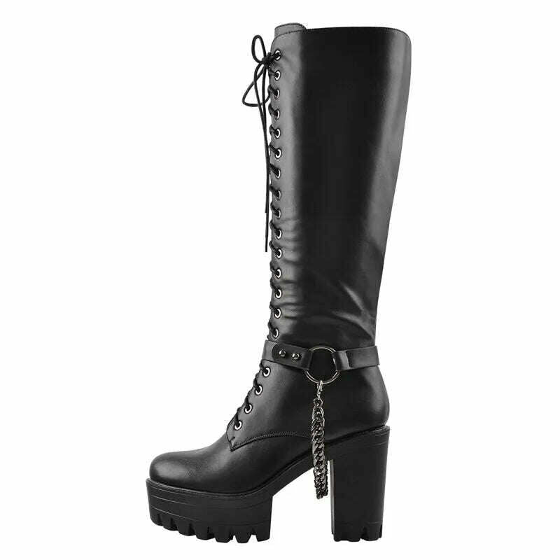 Onlymaker Women's Black Matte Platform Front Lace-Up Side Zip Knee High Boots Lady Fashion Classic Big Size Winter Boots - KIMLUD