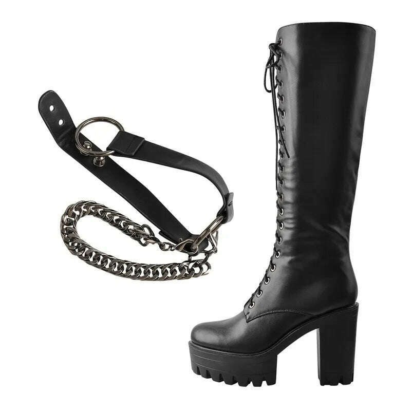 Onlymaker Women's Black Matte Platform Front Lace-Up Side Zip Knee High Boots Lady Fashion Classic Big Size Winter Boots - KIMLUD
