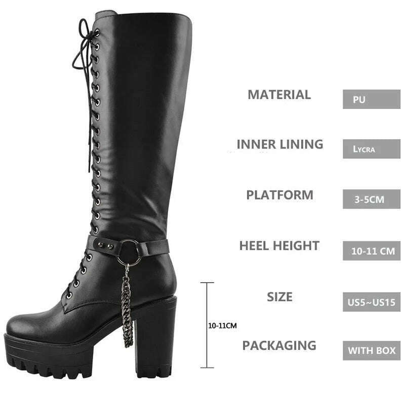 Onlymaker Women's Black Matte Platform Front Lace-Up Side Zip Knee High Boots Lady Fashion Classic Big Size Winter Boots - KIMLUD
