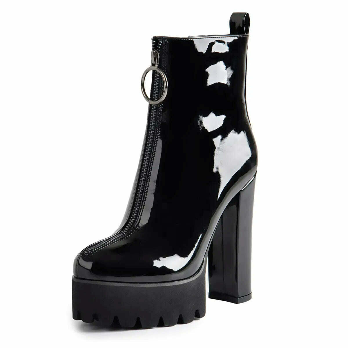 Onlymaker Women's Comfy Elastic Platform Round Toe Chunky High Heel Pull on Ankle Booties Plus Size Patent Leather Boots - KIMLUD