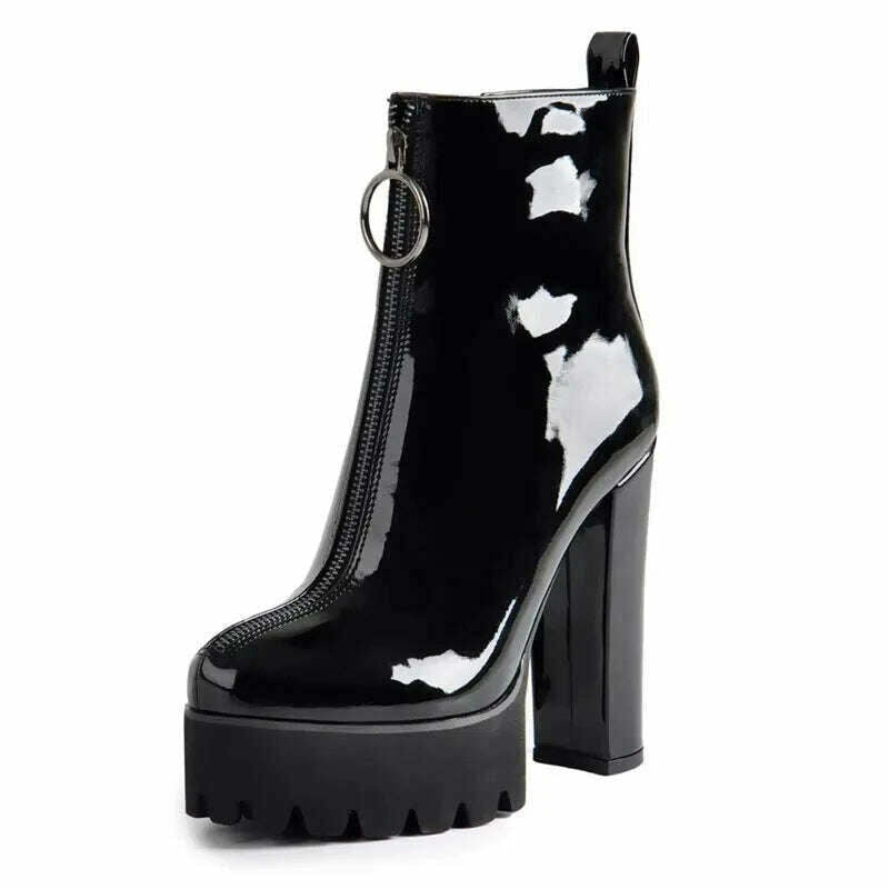 Onlymaker Women's Comfy Elastic Platform Round Toe Chunky High Heel Pull on Ankle Booties Plus Size Patent Leather Boots - KIMLUD