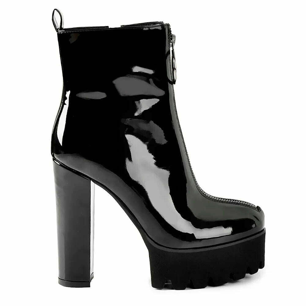 Onlymaker Women's Comfy Elastic Platform Round Toe Chunky High Heel Pull on Ankle Booties Plus Size Patent Leather Boots - KIMLUD