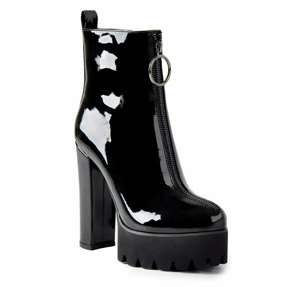 Onlymaker Women's Comfy Elastic Platform Round Toe Chunky High Heel Pull on Ankle Booties Plus Size Patent Leather Boots - KIMLUD