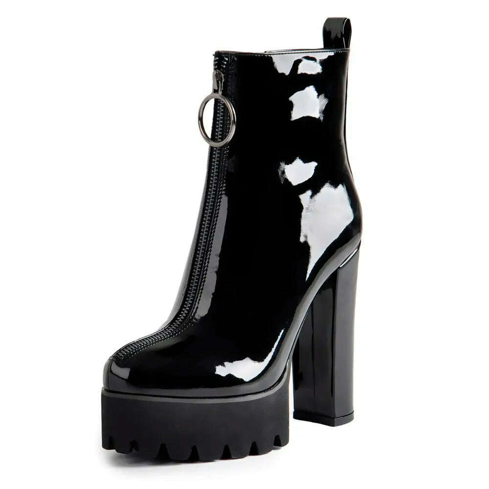 Onlymaker Women's Comfy Elastic Platform Round Toe Chunky High Heel Pull on Ankle Booties Plus Size Patent Leather Boots - KIMLUD
