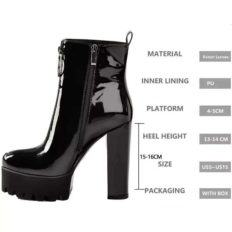 Onlymaker Women's Comfy Elastic Platform Round Toe Chunky High Heel Pull on Ankle Booties Plus Size Patent Leather Boots - KIMLUD