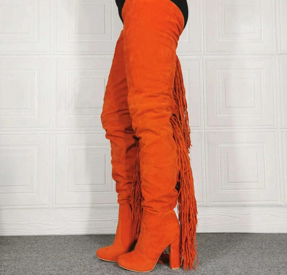 Orange Suede Tassel Boots Round Toe Chunky High Heel Large Size Women's Boots Stretch Fashion Banquet Casual Thigh Boots - KIMLUD