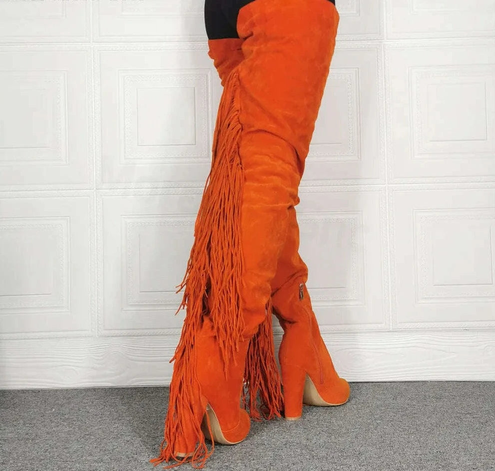 Orange Suede Tassel Boots Round Toe Chunky High Heel Large Size Women's Boots Stretch Fashion Banquet Casual Thigh Boots - KIMLUD