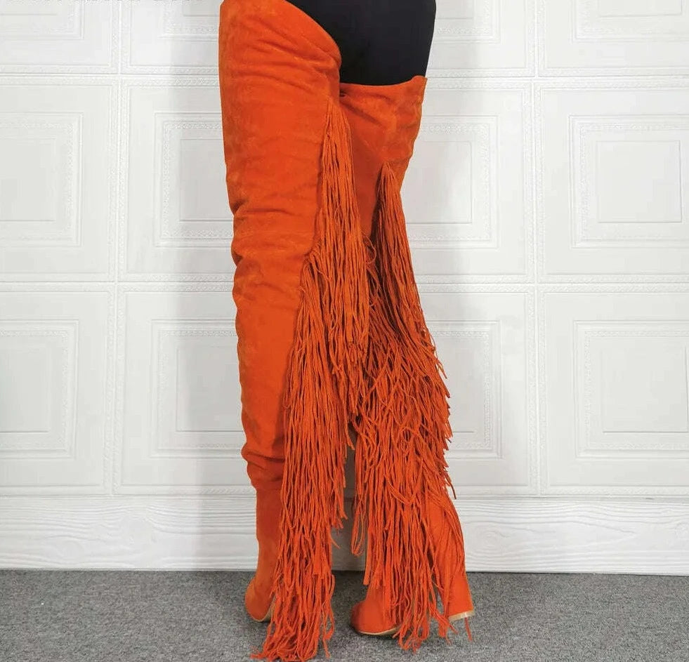Orange Suede Tassel Boots Round Toe Chunky High Heel Large Size Women's Boots Stretch Fashion Banquet Casual Thigh Boots - KIMLUD