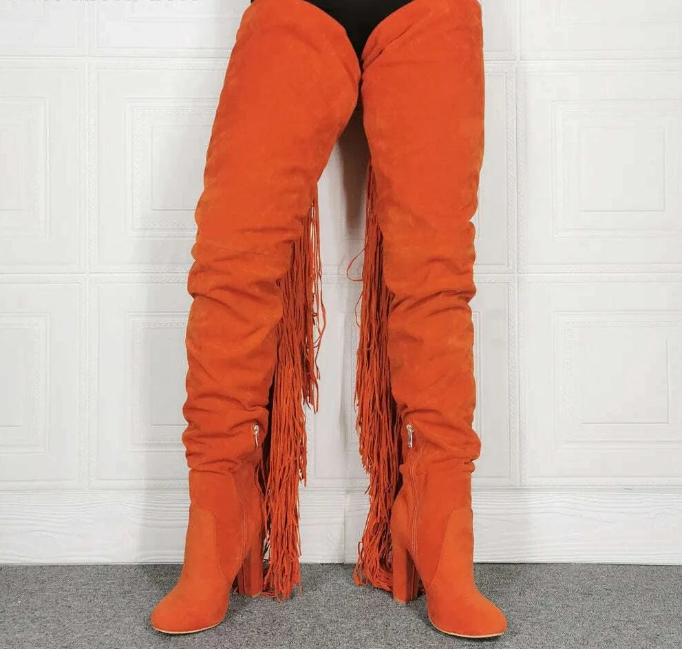 Orange Suede Tassel Boots Round Toe Chunky High Heel Large Size Women's Boots Stretch Fashion Banquet Casual Thigh Boots - KIMLUD
