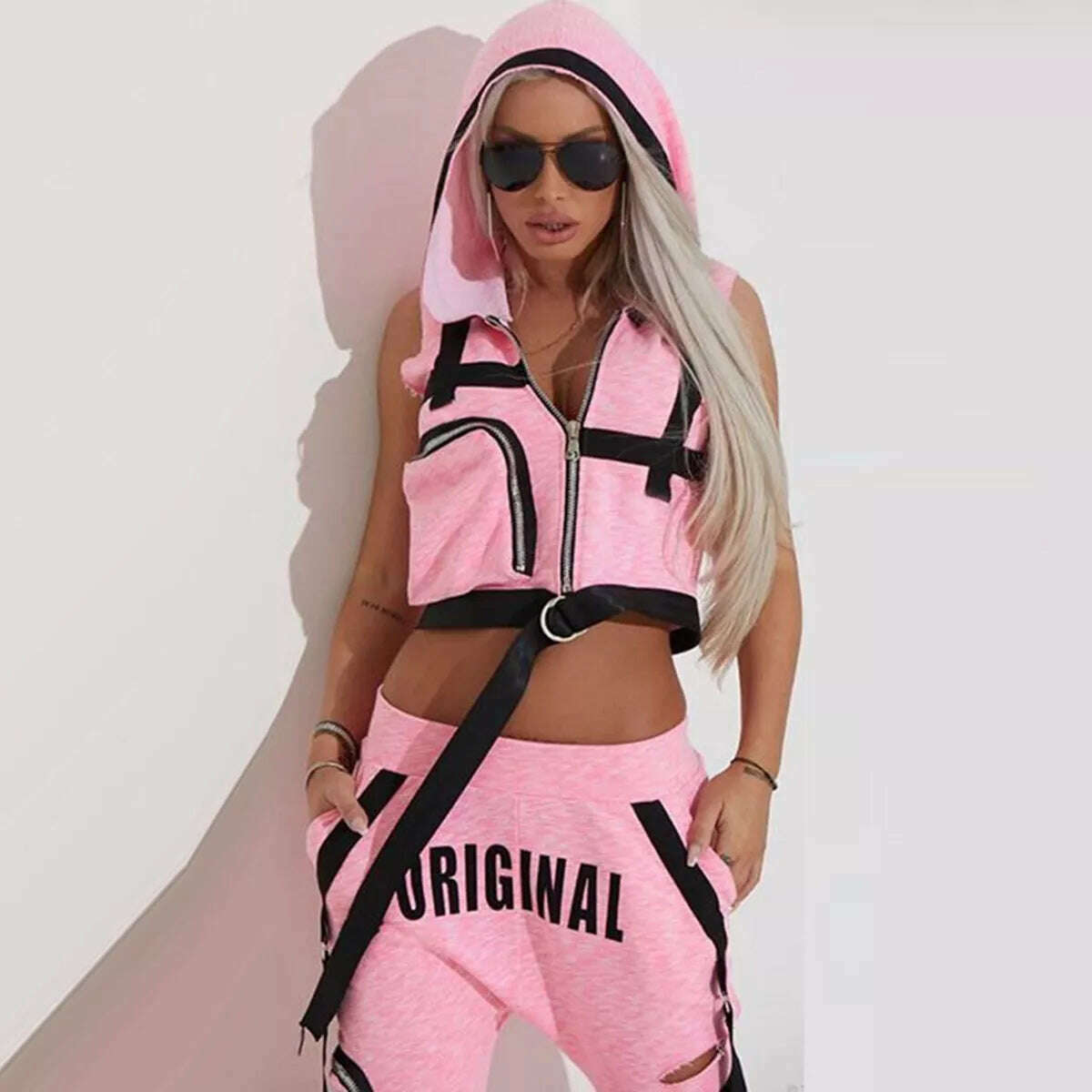 Oshoplive Fashion Hooded Zipper Vest&Hole Pants Suits Women Casual Spring&Autumn Sportswear Sleeveless Sweatpants For Women - KIMLUD