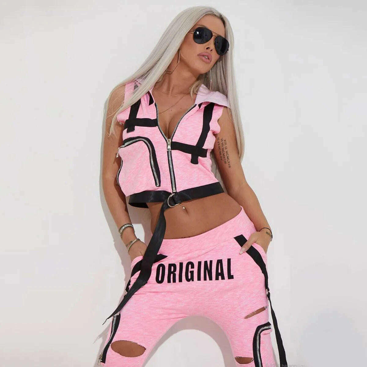 Oshoplive Fashion Hooded Zipper Vest&Hole Pants Suits Women Casual Spring&Autumn Sportswear Sleeveless Sweatpants For Women - KIMLUD