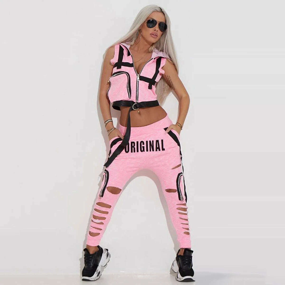Oshoplive Fashion Hooded Zipper Vest&Hole Pants Suits Women Casual Spring&Autumn Sportswear Sleeveless Sweatpants For Women - KIMLUD