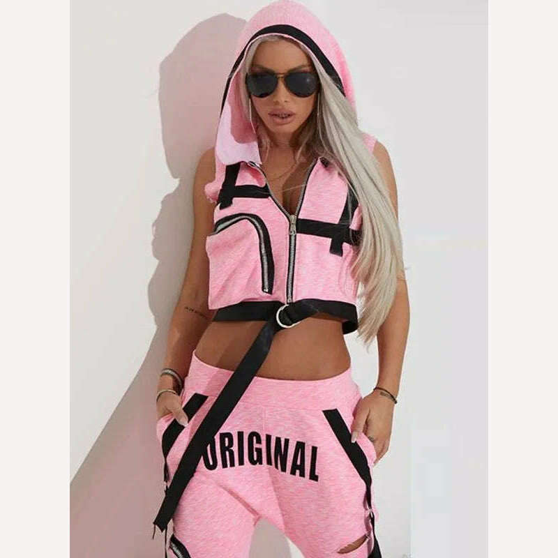 Oshoplive Fashion Hooded Zipper Vest&Hole Pants Suits Women Casual Spring&Autumn Sportswear Sleeveless Sweatpants For Women - KIMLUD