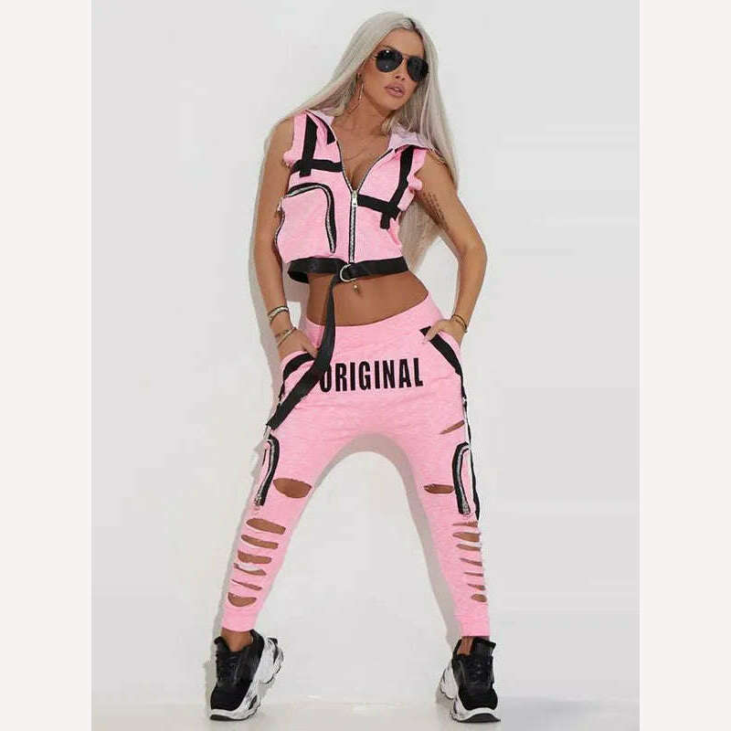 Oshoplive Fashion Hooded Zipper Vest&Hole Pants Suits Women Casual Spring&Autumn Sportswear Sleeveless Sweatpants For Women - KIMLUD