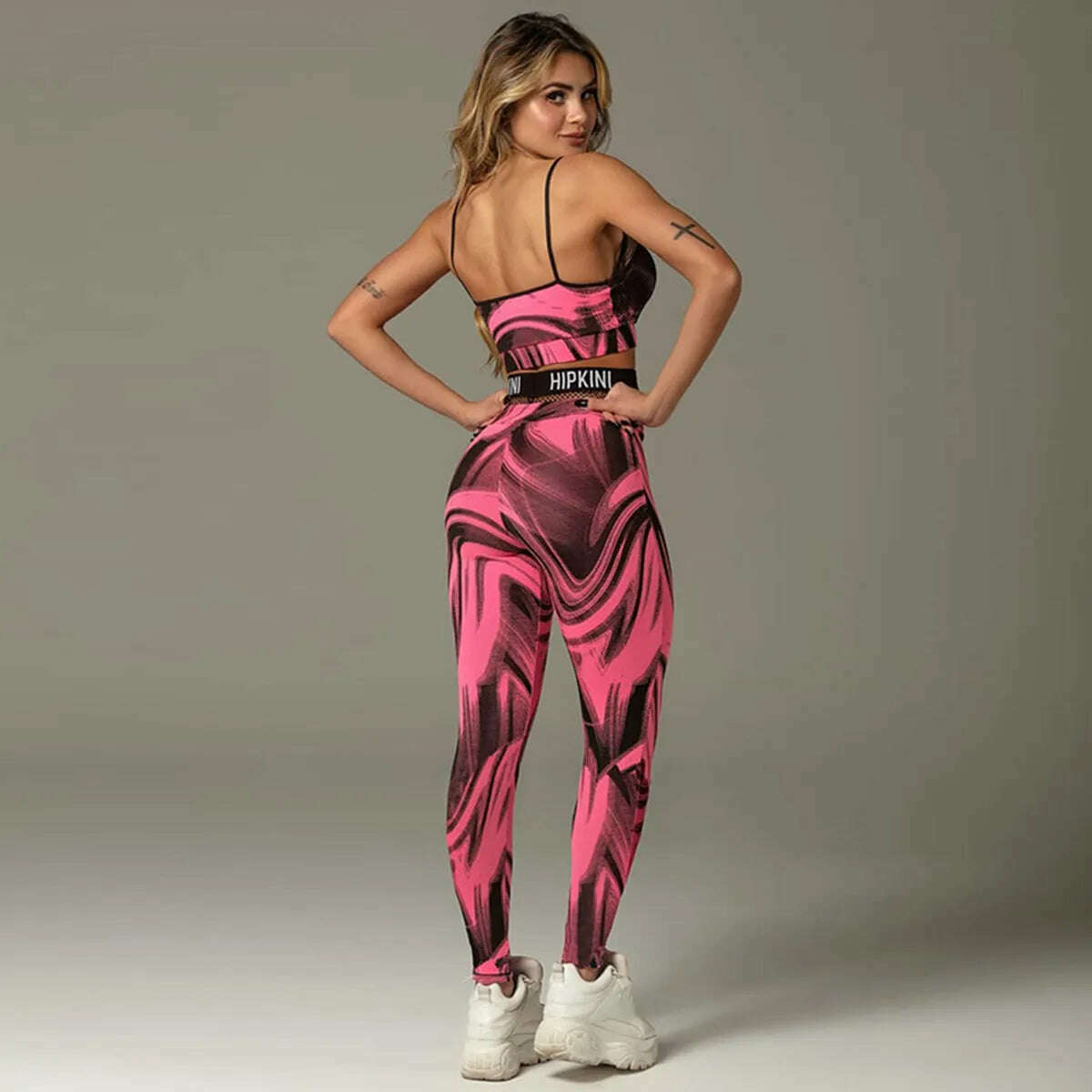 Oshoplive Female Sportswear Two Pieces Set Sports Red Printed Patchwork Mesh Tanks&Leggings Gym Yoga Suits for Women 2022 New - KIMLUD