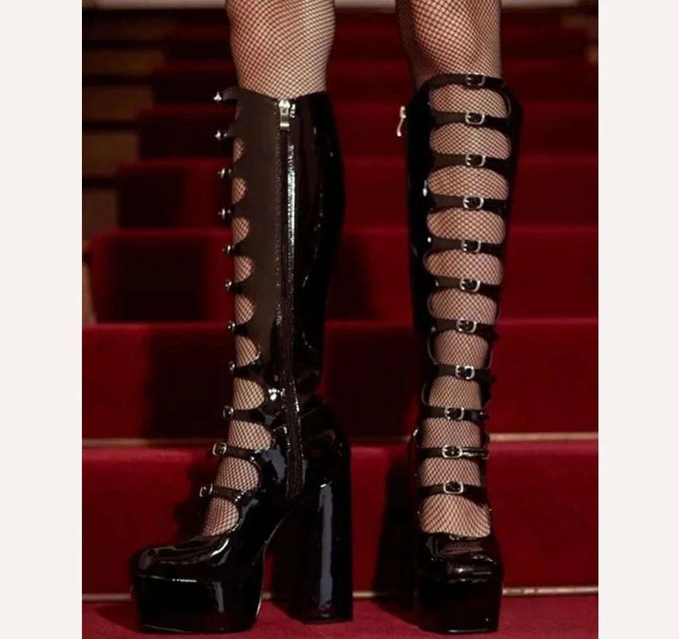 Patent Leather Buckles Design Hollow Boots For Female Women 2022 Platform Sqaure Heel Knee-high Solid Fashion Sexy Party Shoes - KIMLUD
