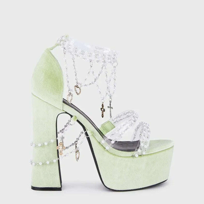 Pearl Fringe Chain Sexy Sandals Open Toe Chunky Heel Platform Suede Hollow Sandal Women Shoe Summer Party Dress Style Hook Loop - KIMLUD
