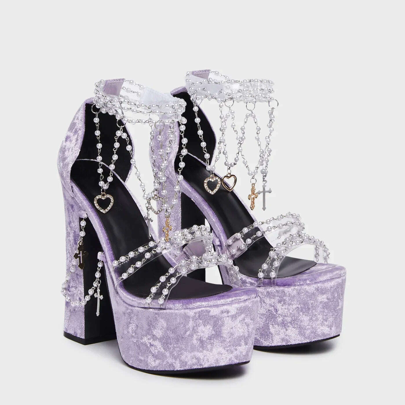Pearl Fringe Chain Sexy Sandals Open Toe Chunky Heel Platform Suede Hollow Sandal Women Shoe Summer Party Dress Style Hook Loop - KIMLUD