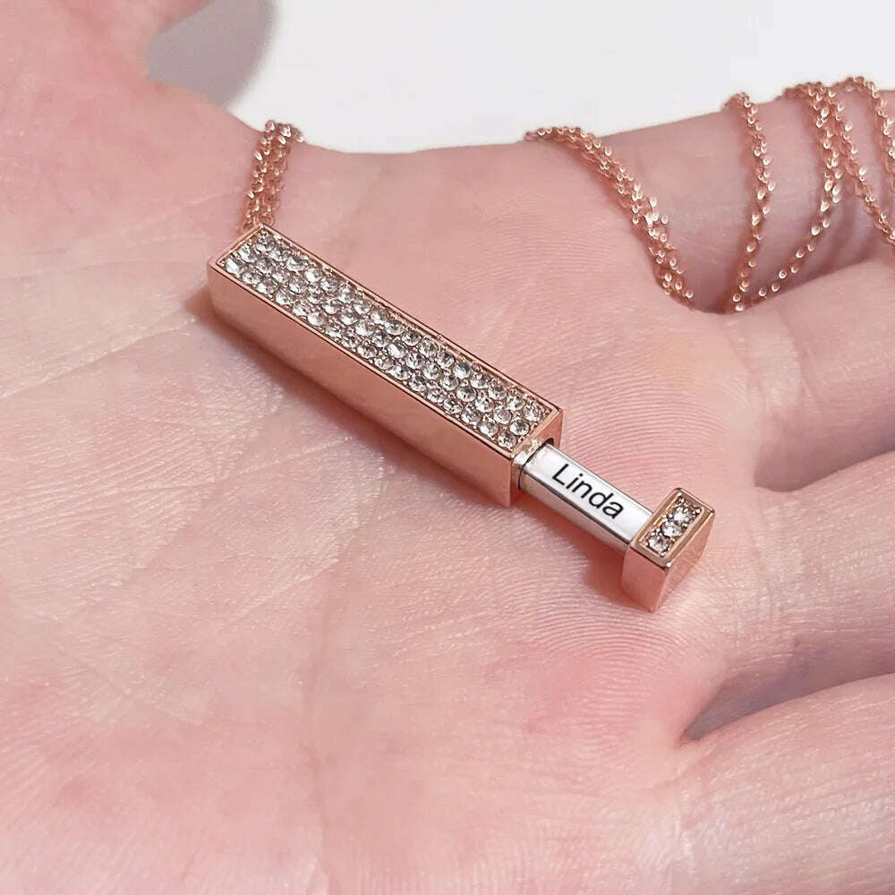 KIMLUD, Personalized Vertical Bar Engraved Name Necklace With Diamond 3D Bar Custom Jewelry Pull necklace Jewelry for Women Gift, Rose gold / 50cm / United States, KIMLUD APPAREL - Womens Clothes