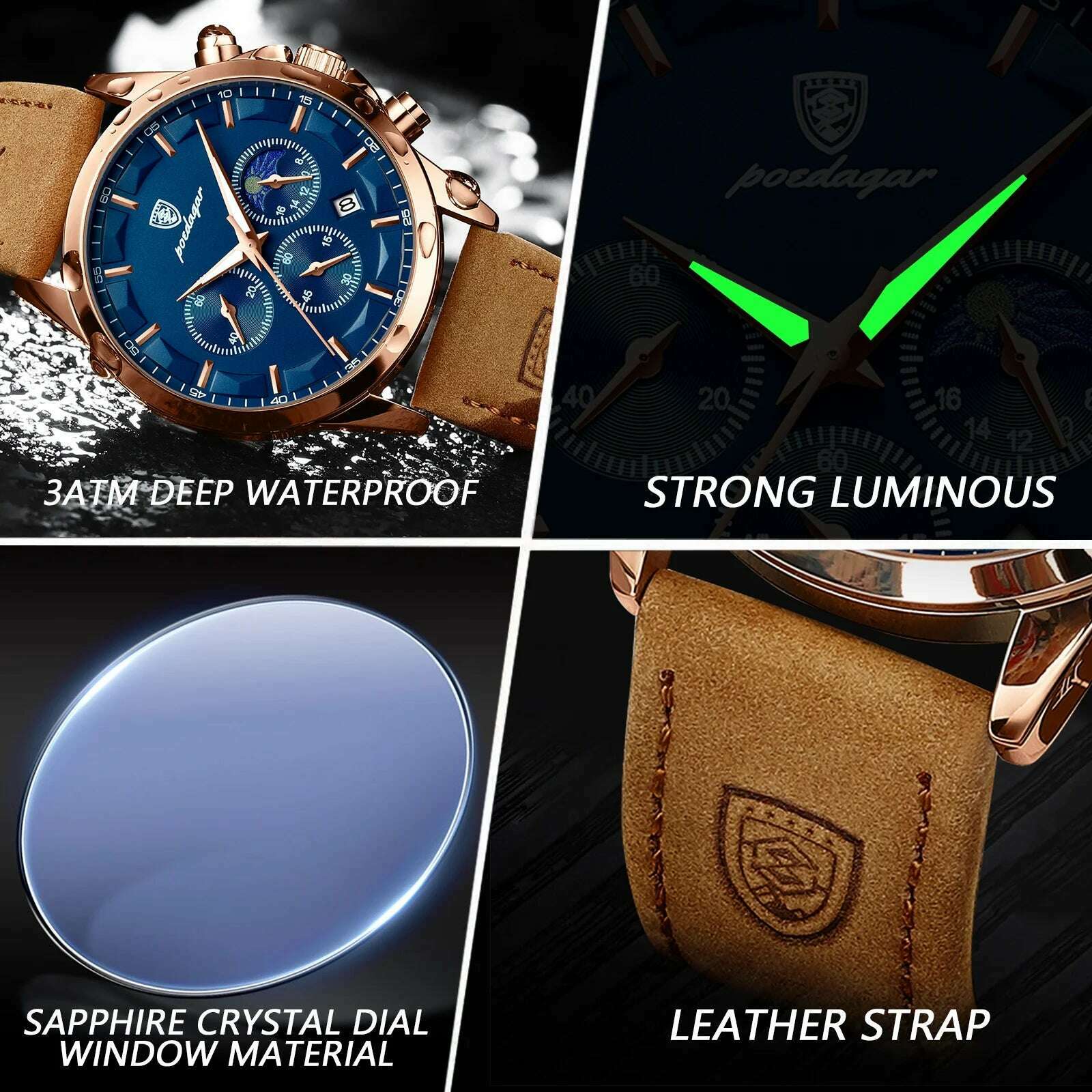 POEDAGAR Men Quartz Watch Luxury Sports Waterproof Chronograph Luminous Date Man Wristwatch Business Leather Men's Watches Clock - KIMLUD