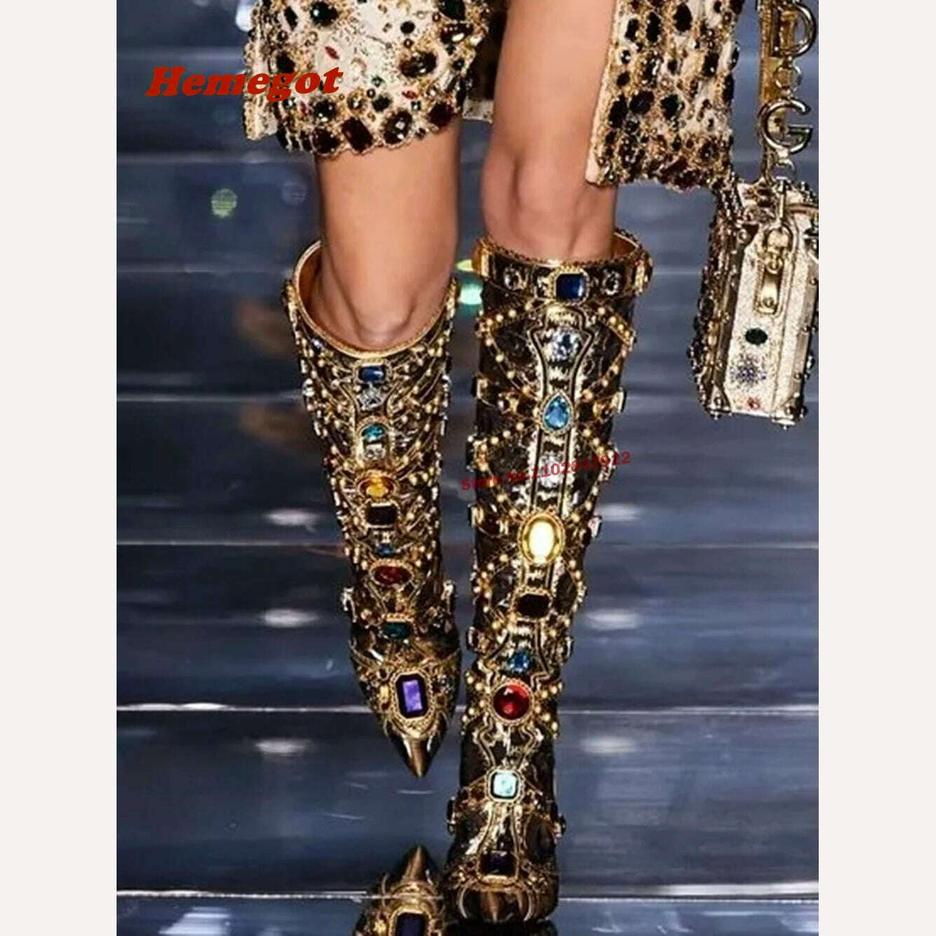 Pointed Toe Knee High Boots for Women Rhinestones Design Gold Bling Luxury Boots Thin High Heeled Fashion Sexy Side Zip Shoes - KIMLUD