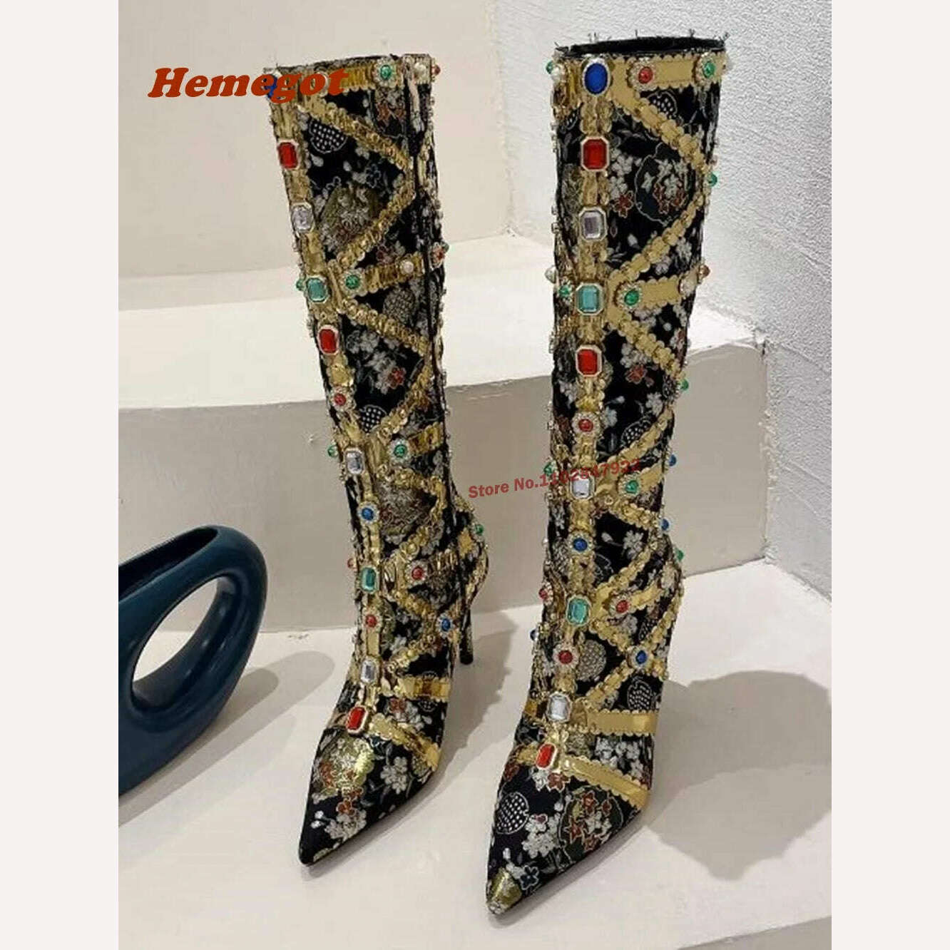 Pointed Toe Knee High Boots for Women Rhinestones Design Gold Bling Luxury Boots Thin High Heeled Fashion Sexy Side Zip Shoes - KIMLUD