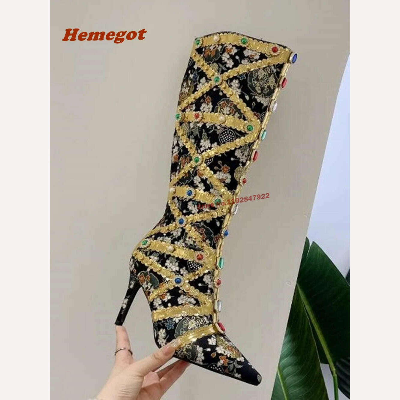Pointed Toe Knee High Boots for Women Rhinestones Design Gold Bling Luxury Boots Thin High Heeled Fashion Sexy Side Zip Shoes - KIMLUD