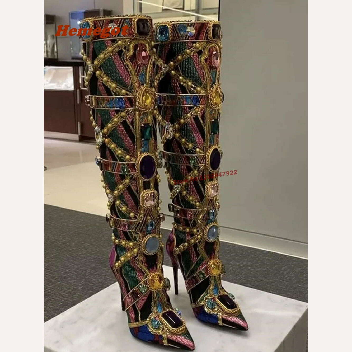 Pointed Toe Knee High Boots for Women Rhinestones Design Gold Bling Luxury Boots Thin High Heeled Fashion Sexy Side Zip Shoes - KIMLUD