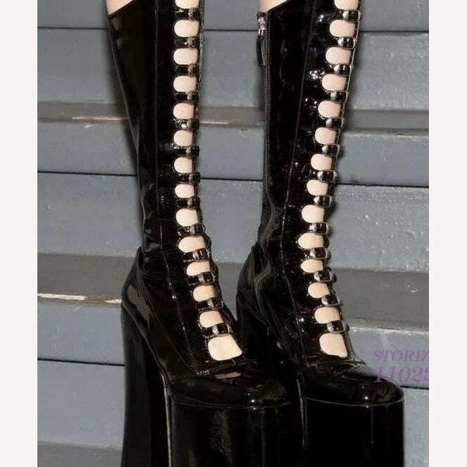 Pole Girls Bright Black Leather Pink Satin Platform Buckle Boots Sexy Hollow Chunky Heel Bling Purple Straps Elegant Zipper Shoe - KIMLUD