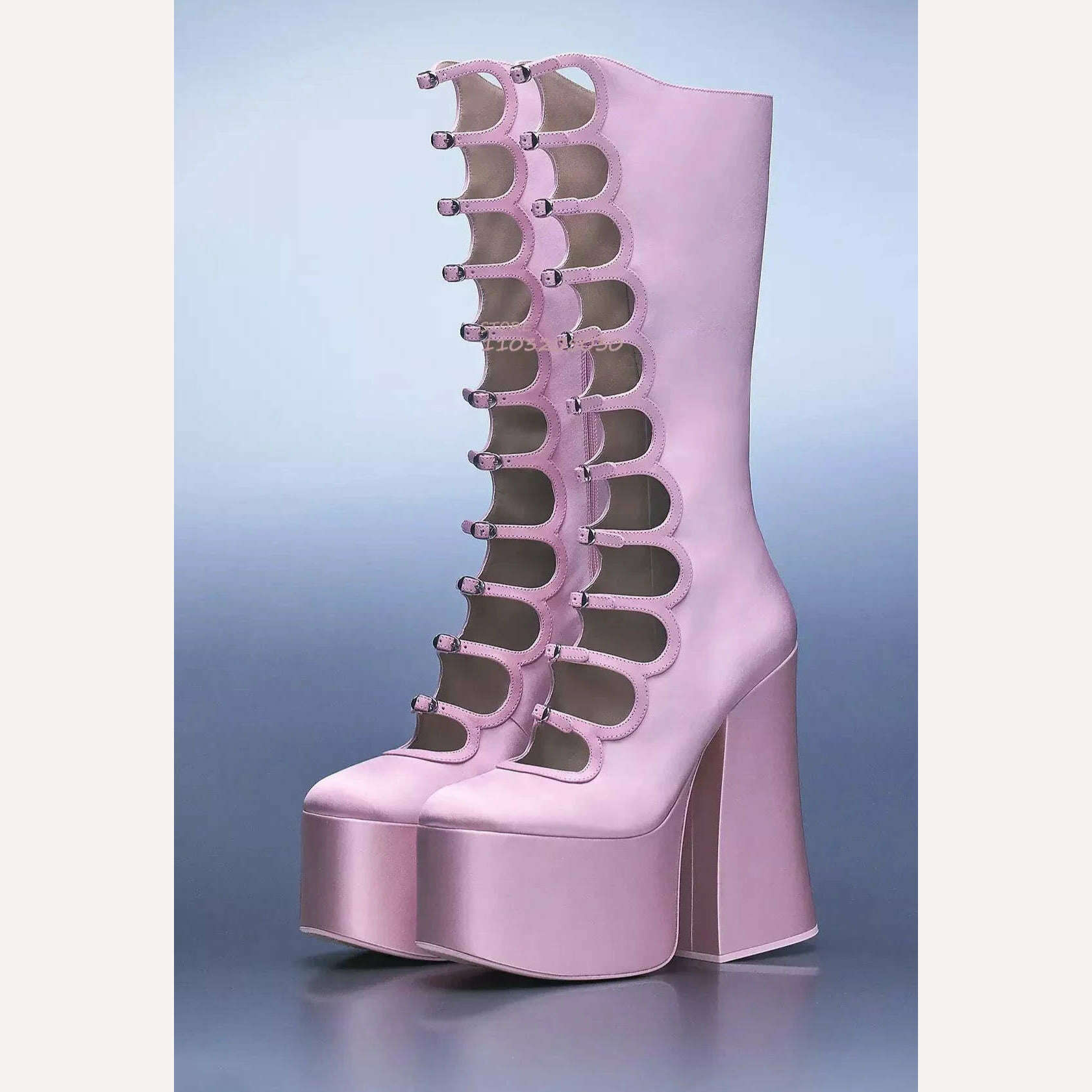 Pole Girls Bright Black Leather Pink Satin Platform Buckle Boots Sexy Hollow Chunky Heel Bling Purple Straps Elegant Zipper Shoe - KIMLUD