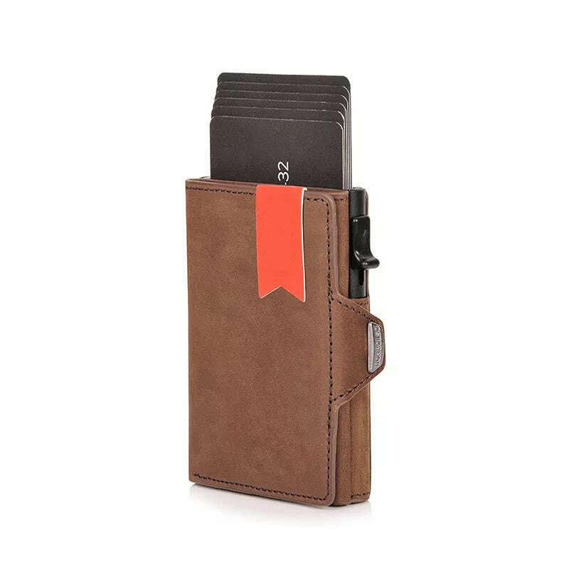 Pop-Up Credit Card Case with RFID Protection Genuine Leather Wallet with Compartment for Notes and Coins for Men and Women - KIMLUD